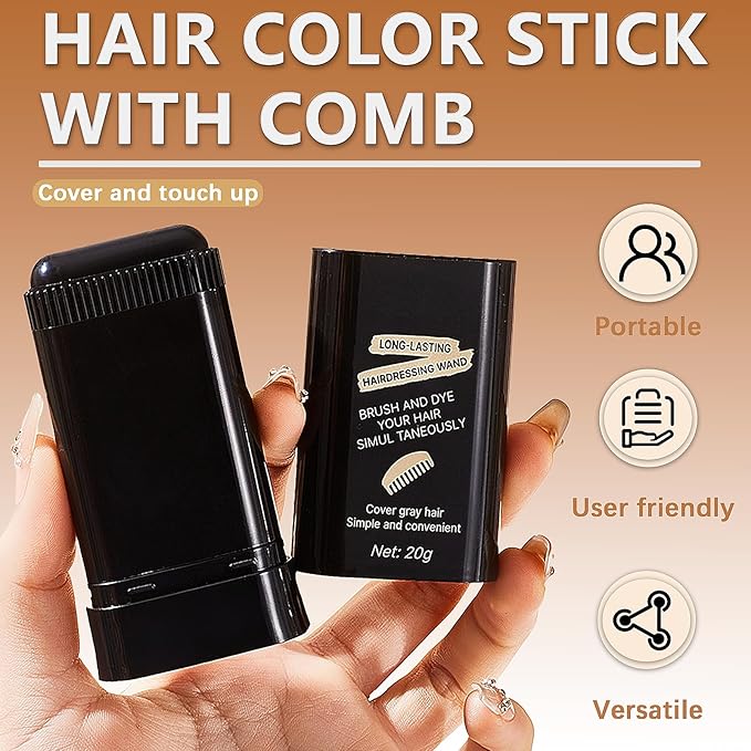 2-in-1 Instant Hair Color Stick & Comb, 2 Pcs Portable Color Touch-Up Hair Sticks with Comb, Waterproof and Sweat-Proof Hair Dye Comb, Quick Root Touch-Up for Gray Hair Coverage (Black)