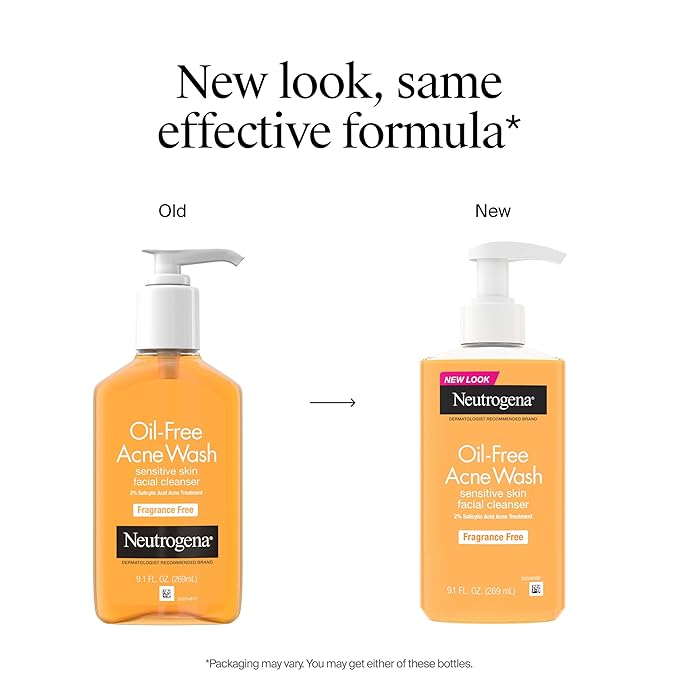 Neutrogena Oil-Free Acne Face Wash, Fragrance Free, Sensitive Skin Facial Cleanser with 2% Salicylic Acid Acne Treatment for Face, 9.1 Fl Oz