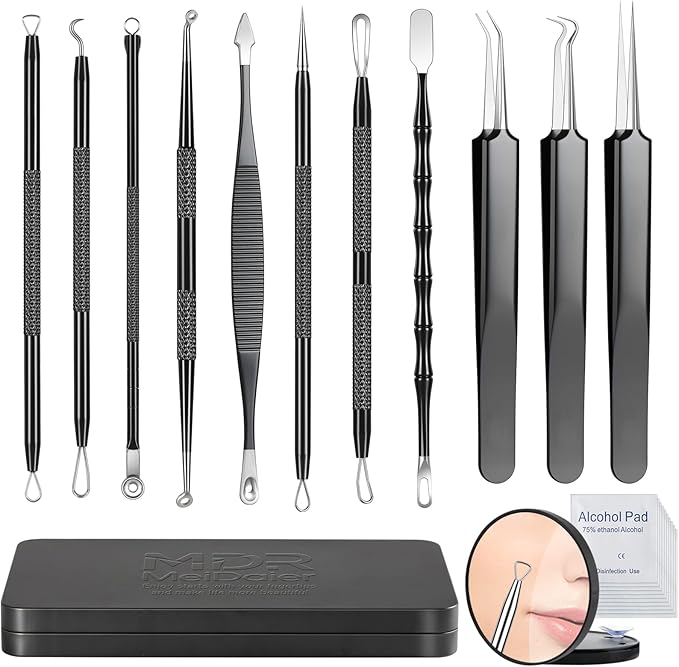 Pimple Popper Tool kit Blackhead Remover Comedone Extractor Kit with Box for Easily Remove blackheads, Acne, Blemishes, Whiteheads, pimples and Papules from the face and Bonus Gift -11pcs