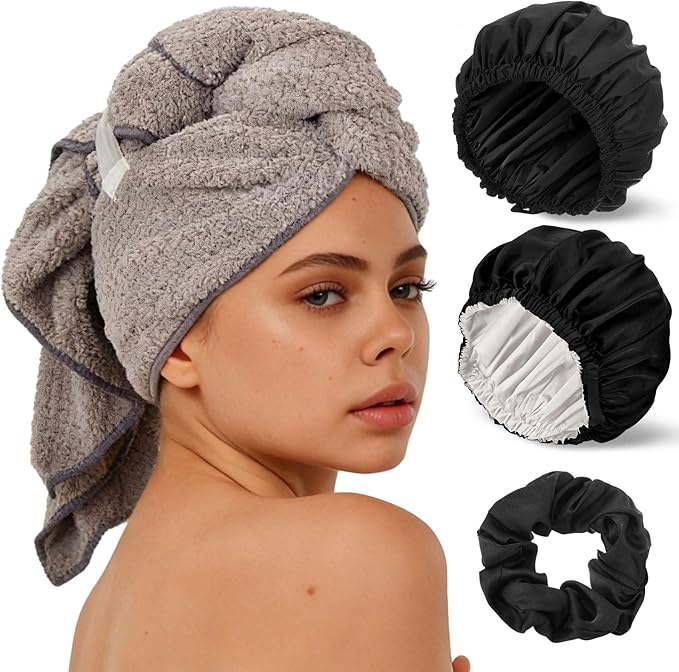 4 Pcs Microfiber Drying Hair Wrap Towels Reusable Waterproof Shower Cap with Elastic Band Adjustable Silk Hair Bonnet for Sleeping with Scrunchie for Women Christmas Favor Gifts(Black)