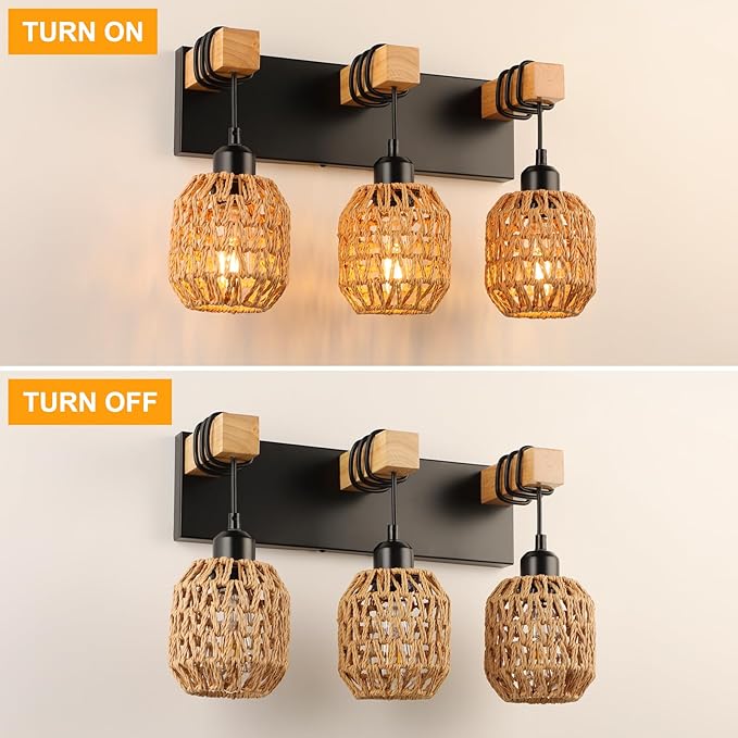 Bathroom Vanity Light Fixtures, 3-Light Farmhouse Bathroom Light Over Mirror, Rustic Boho Wood Sconces Wall Lighting with Woven Lampshade for Living Room, Bedroom, Hallway
