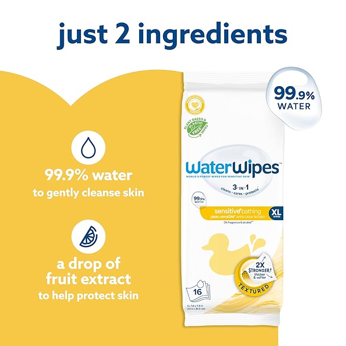 WaterWipes Sensitive+ Bathing Wipes,3-In-1 Cleans,Cares,Protects,99.9% Water,Unscented & Hypoallergenic,16 Count (Pack of 6)
