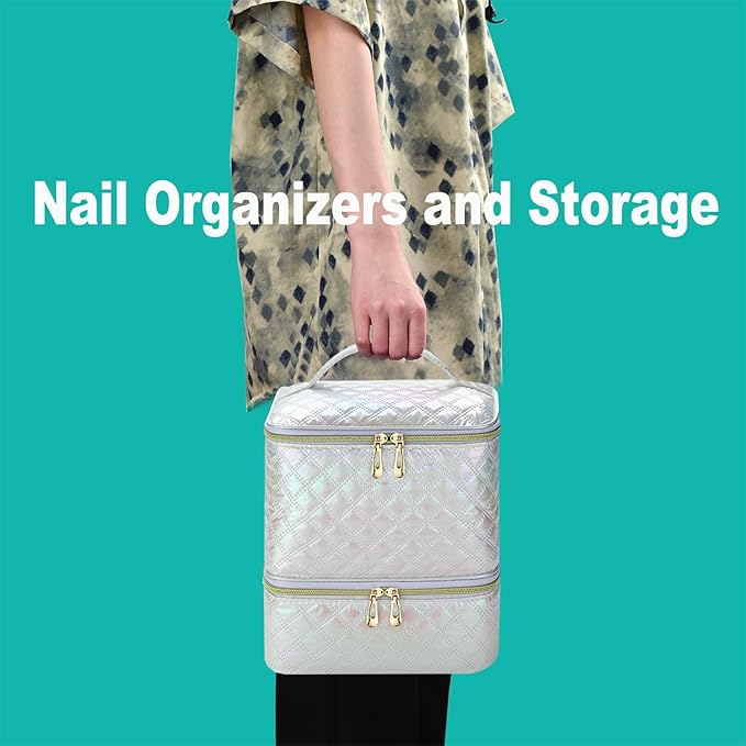 Nail Polish Organizer and Nail Lamp Case, Nail Kit Organizer Holds 30 Bottles (15ml - 0.5 fl.oz) and a Nail Lamp, Nail Polish Carrying Case with Manicure Tools Storage Sections (White)