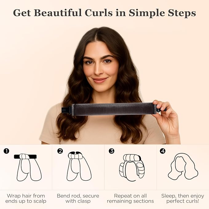 Heatless Hair Curler Set – 4PCS Velvet Overnight Blowout Rods for Heatless Curls, Jumbo Flexible Curling Rods to Sleep In, No Heat Curling Tools for Natural Waves and Curls Brown