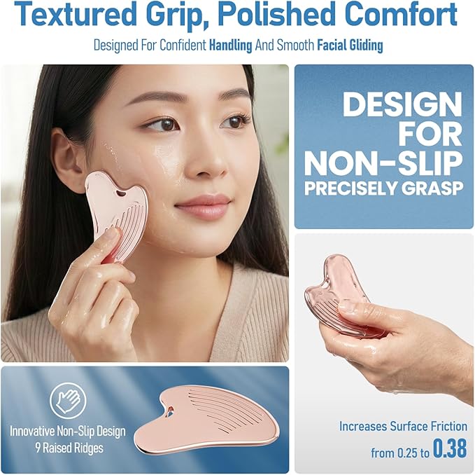 Gua Sha Facial Tools & Face Roller Set, Stainless Steel Facial Massager Tools for Lymphatic Drainage & Face Sculpting, Textured Guasha for Better Grip, Double Chin Reducer, Skincare Gift(RoseGold)