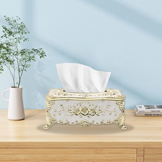Geesatis Tissue Box Cover Tissue Box Holder Facial Tissue Paper Organizer Luxury Facial Napkin Holder for Home, Gold, 1 Pcs