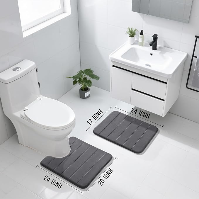 Yimobra U-Shaped Toilet Bath Mat Set 2 Piece - Soft Absorbent Quick Dry Memory Foam Bathroom Rugs, Machine Washable Non Slip Floor Carpet for Tub Shower & Single Sink (17x24 & 24x20, Dark Gray)