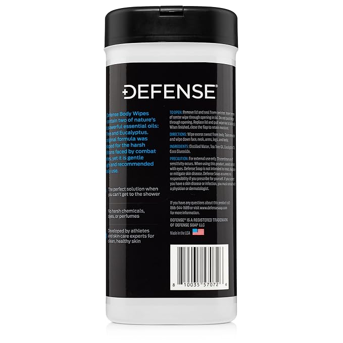 Defense Soap All Natural Body Wipes with Tea Tree Oil | Wrestling, Combat, Camping, Gym, Post Workout Shower Wipes for Men and Women. 40 Count
