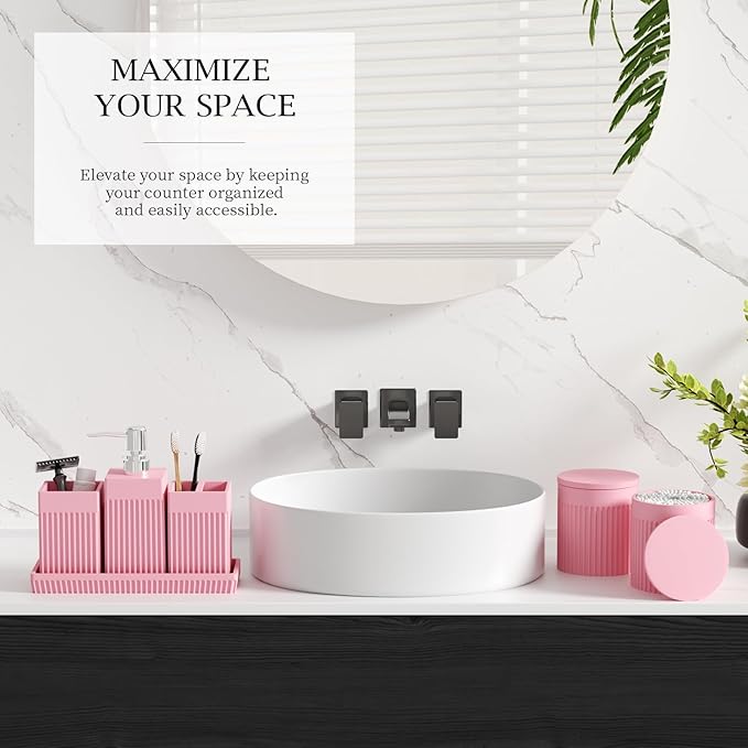 6-Piece Pink Bathroom Set - Sleek Resin Bathroom Accessories Set with Soap Dispenser, Toothbrush Holder, Vanity Tray, Tumbler & Apothecary Jars for Small Spaces
