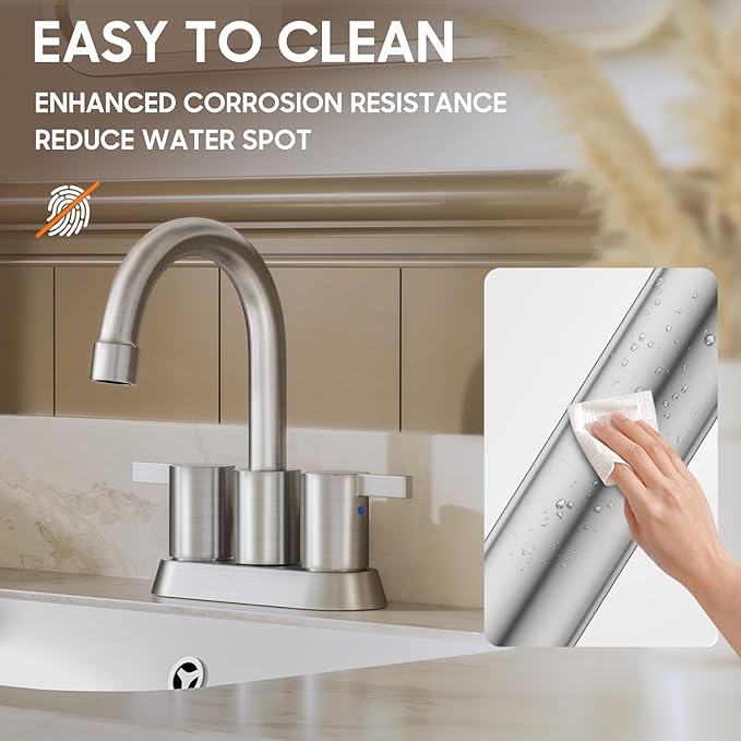 Phiestina Brushed Nickel 4 Inch 2 Handle Centerset Lead-Free Bathroom Sink Faucet, with Copper Pop Up Drain and Water Supply Lines,BF015-1-BN