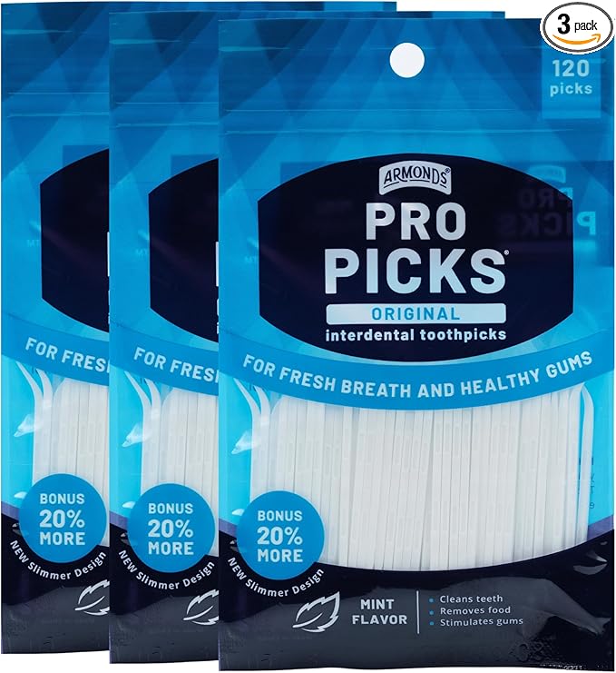 ProPicks Original Dental Picks for Teeth Cleaning - Disposable Plastic Toothpicks for Teeth & Gums - Cleans Teeth & Massages Gums - Fresh Mint Flavor - 3 Packages x 120 Interdental Tooth Picks