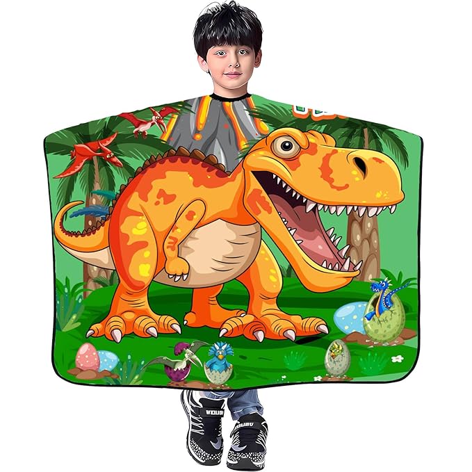DOKKIA Barber Hair Cutting Cape Kids Children Toddler Boys Girls Hairdressing Salon Styling Cloth Apron Cover Gown with Neck Duster Brush Dinosaur Eggs Wild Roar