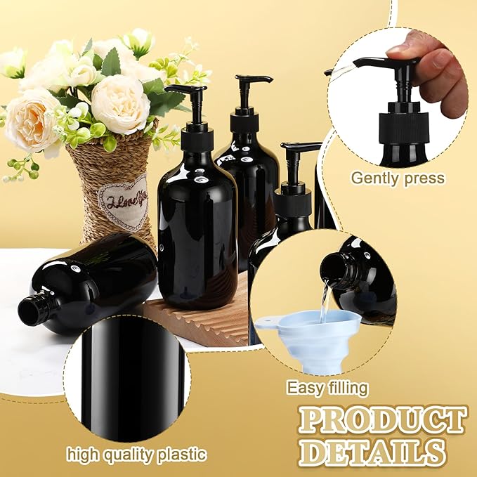 Sliner 6 Pcs Shampoo and Conditioner Dispenser Bottles 16.9 oz Plastic Shower Bottles with Pump and 1 Silicone Funnel Reusable Hand Soap Containers for Bathroom Shower(Black)