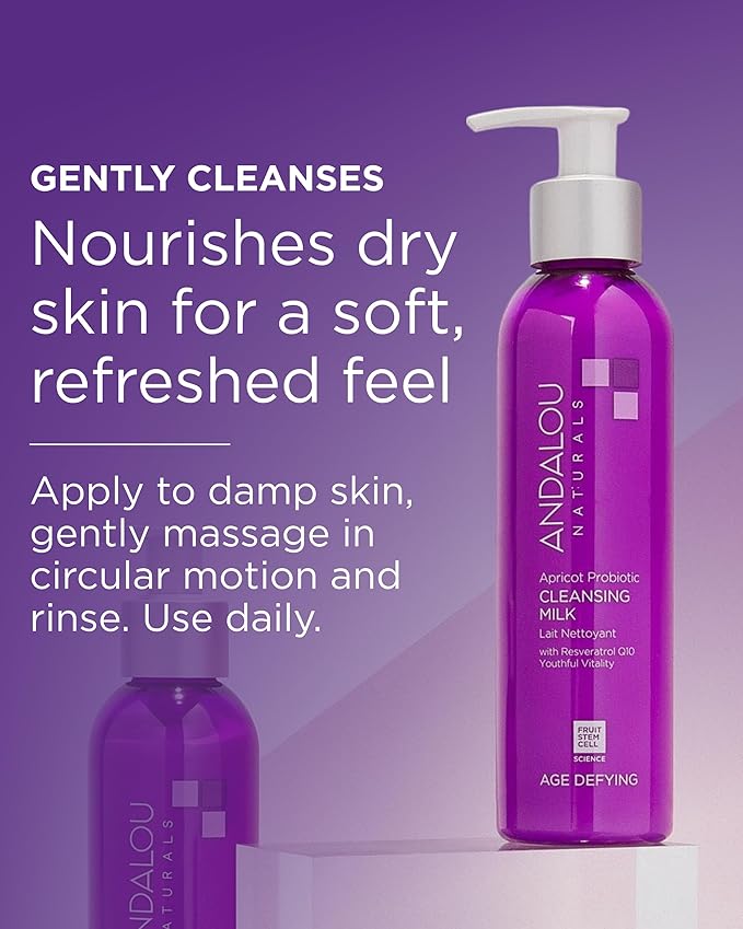 Andalou Naturals Age Defying Apricot Probiotic Cleansing Milk | Gentle Daily Hydrating Face Cleanser For Dry,Dehydrated Skin| With Fruit Stem Cell Complex | 6 fl oz,(Pack of 2)