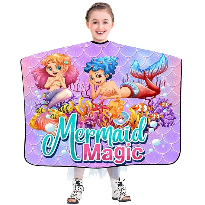 DOKKIA Barber Hair Cutting Cape Kids Children Toddler Boys Girls Hairdressing Salon Styling Cloth Apron Cover Gown with Neck Duster Brush Mermaid Tail Purple
