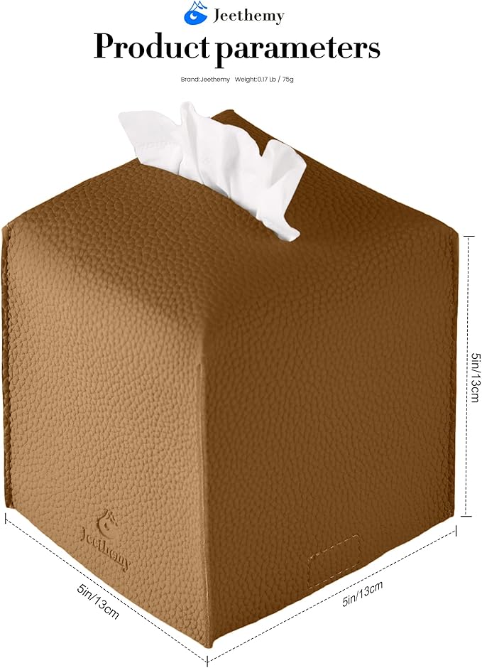 Tissue Box Cover, Jeethemy Square PU Leather Tissue Box Holder, Modern Tissue Case Facial Paper Organizer Dispenser，5X5X5'',Single Bronze