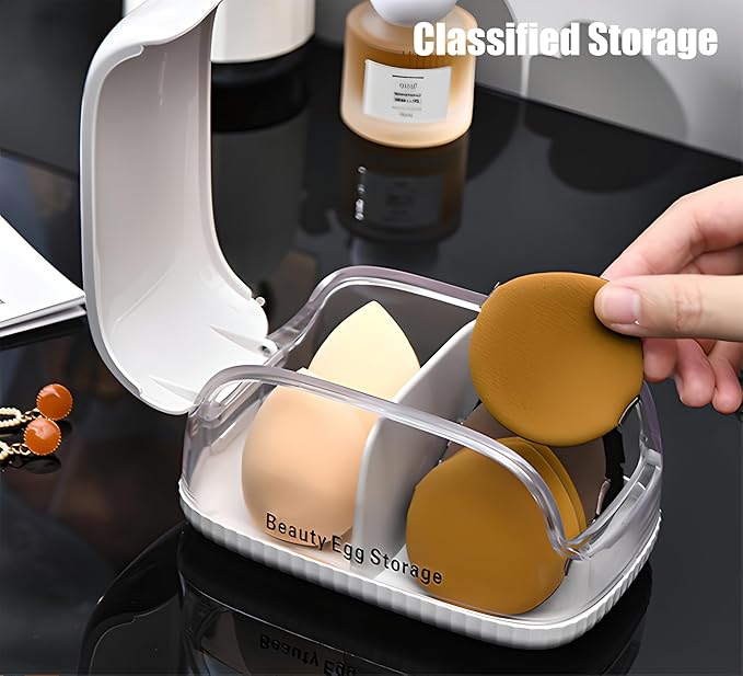 Beauty Blender Holder, Makeup Sponge Holder with Lid, Beauty Blender Organizer, Makeup Sponge Case for Countertop (White Lid)