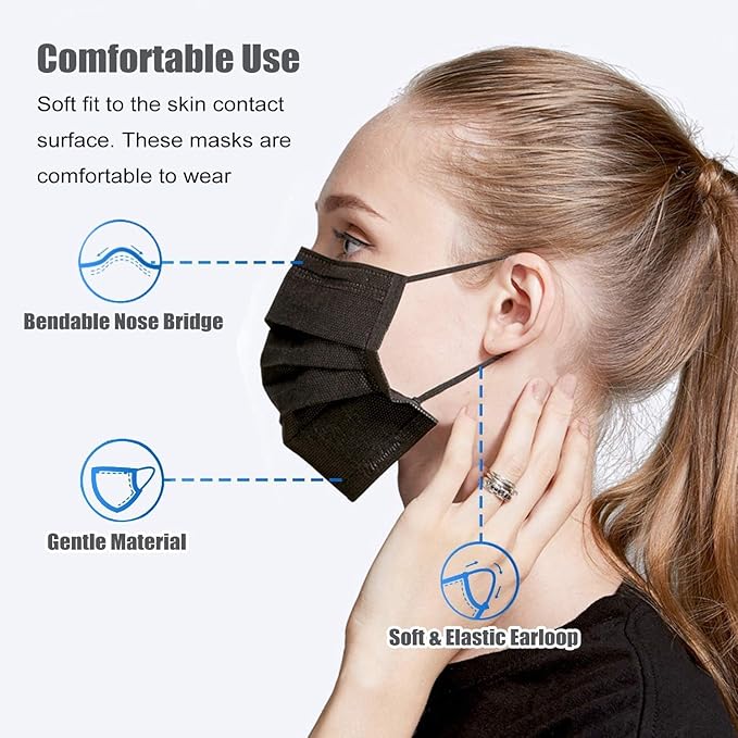 LEMENT 500pcs Disposable Black Mask,3-Ply Face Masks with Earloops