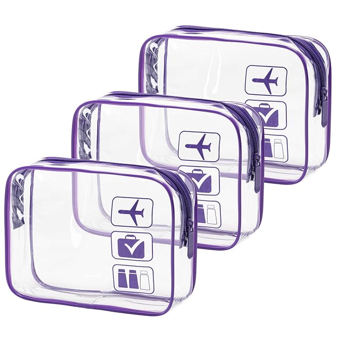 MODENGKONGJIAN TSA Approved Toiletry Bag, 3 Pcs Clear Toiletries Bags Quart Size Travel Makeup Cosmetic Bag for Women Men, Carry on Airport Airline Compliant Bag (Purple)