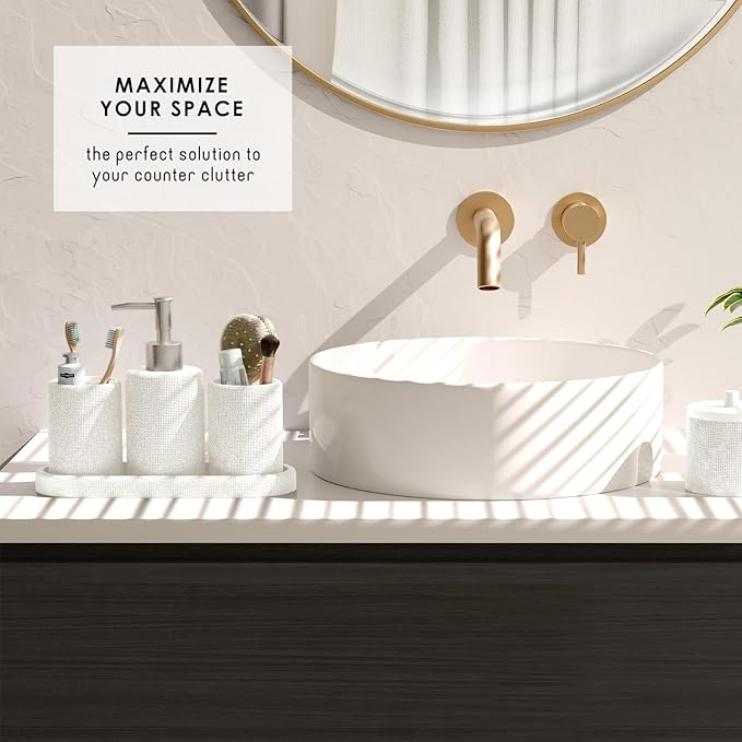 Clara Clark Bathroom Set - White Bathroom Accessories Set, 24PC Bathroom Accessory Set, Bathroom Sets with Shower Curtain Set, Adhesive Corner Shower Caddy Hanging & Soap Dispenser