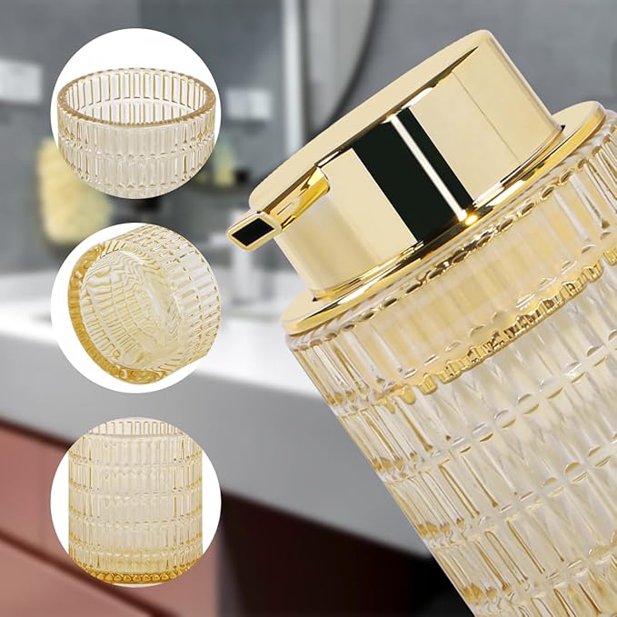 Foaming Soap Dispenser, Amber Glass Foam Soap Dispenser for Bathroom and Kitchen, 10 Oz Refillable Foaming Pump Bottle with Large Pump, Ribbed Bottle Container Decor