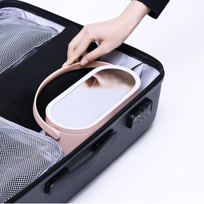 Portable LED Makeup Mirror with Storage Box, Touch Control Dimmable Light, Rotatable Stand & Rechargeable Cosmetic Organizer for Travel
