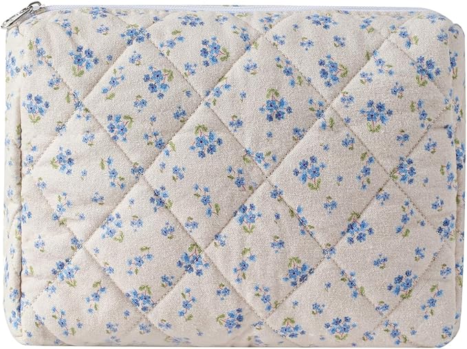 uekeboag Quilted Cotton Makeup Bag,Coquette Quilted Toiletry Bag for Women and Girls,Floral Coquette Pouch,Cute Kawaii Travel Cosmetic Bags(Demin Blue)