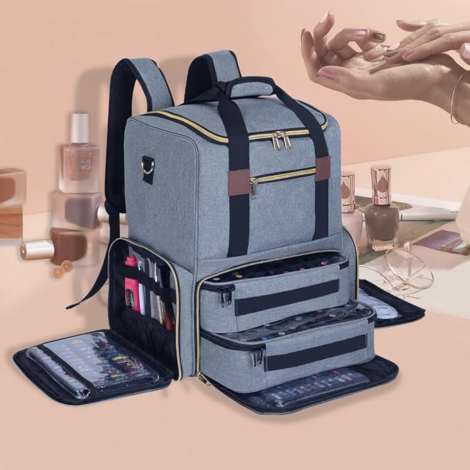 Nail Polish Organizer Backpack Holds 80 Bottles and a Nail Lamp Supplies with 2 Removable Cases Storage Bag Professional Travel Case for Manicurist (Grey)