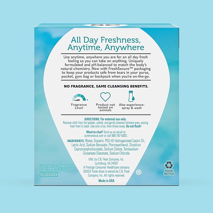 Summer's Eve Feminine Wipes, Fragrance Free, Individually Wrapped Vaginal Wipes with Gentle pH-Balanced Micellar Water Formula, Feminine Care to Help Remove Vaginal Odor, Gynecologist Tested, 12 Ct