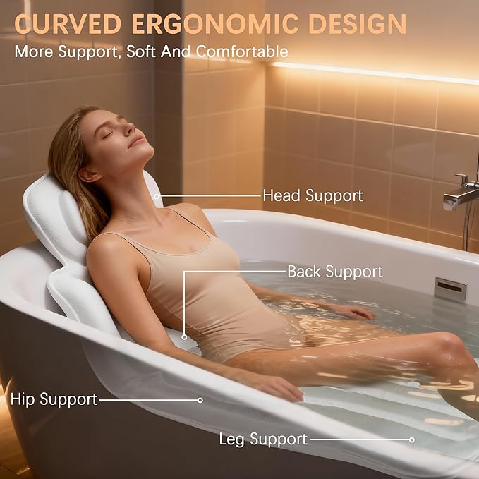 Ergonomic Full Body Bath Pillow for Bathtub, 5D Luxury Spa Cushion with 114 Non-Slip Suction Cups, Extra Long Thick Bath Pillow for Full Body Support, for Adult with Laundry Bag & Hook (Grey) (White)