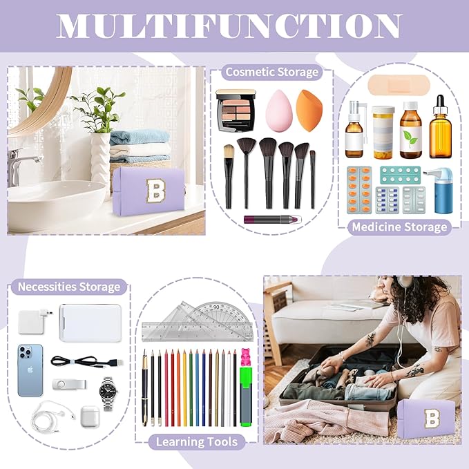 Personalized Makeup Bag Initial A-Z Preppy Patch Bag,Small PU Leather Travel Cosmetic Bag Pouch with Zipper,Purple Cute Toiletry Bag,Gift Ideal for Teen Girls Women Birthday Friend Mom,Latter B