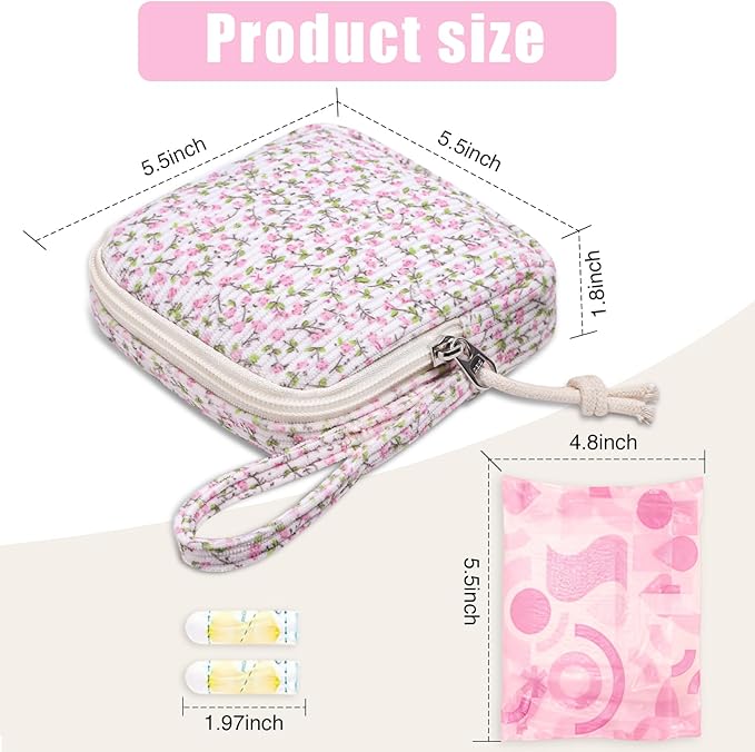 Small Makeup Bag | Discreet Period Bag Pad Pouch for Purse| Sanitary Napkin Storage & Tampon Holder for Travel(Flower pink)