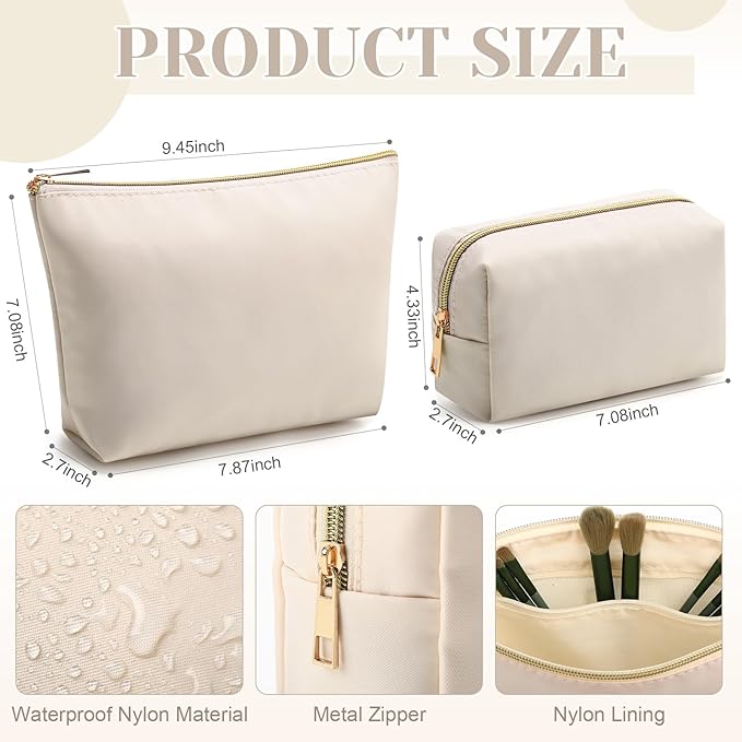 Kigeli 2 Pcs Nylon Makeup Bag Set for Women Wedding Favors Cosmetic Bag with Interior Pockets Preppy Cute Purse Pouch Pencil Case Makeup Brushes Storage Organizer for Travel Toiletry Bags(Beige)