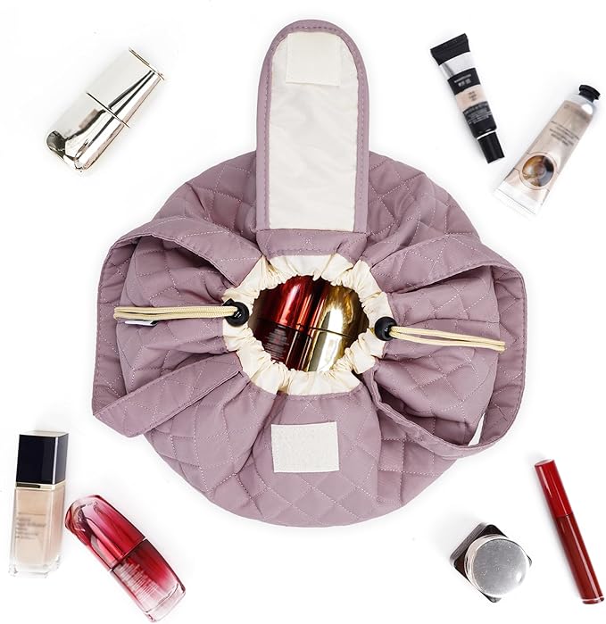 Narwey Barrel Drawstring Makeup Bag Large Cosmetic Bag Make up Bags Women Toiletry Organizer for Travel Toiletries Accessories Essentials (Quilted Dusty Rose) (Patent)