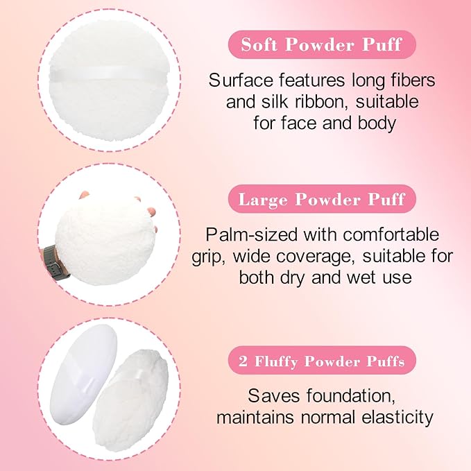 2 Pcs Body Powder Puff Set, 2 Extra Soft 6-Inch White Powder Puffs (3-Inch & 1.5-Inch Thick) with Storage Box, for Baby Powder & Finishing Powder, Gentle Face & Body Application