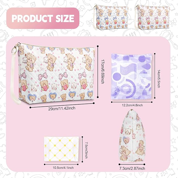 Period Bag for Teen Girls, Quilted Sanitary Napkin Storage Bag, Cute Bears Menstrual Pad Pouch Tampon Holder (Large-Blue)