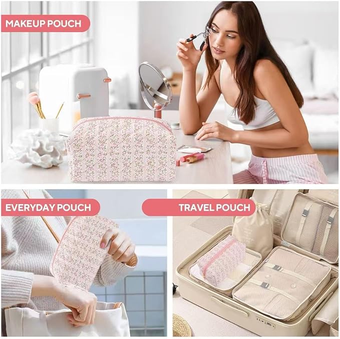 Floral Makeup Bag,Floral Quilted Makeup Pouch,Large Cosmetic Bag,Fashionable Travel Makeup Pouch, Cute Pink Makeup Bag,Puffy Coquette Make up Bag, Attractive Quilted Make up Bag