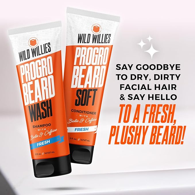 Wild Willies Beard Grooming Kit - Beard Straightener for Men, PROGRO - Fortified with Biotin & Caffeine for Hair Growth, Wash, Hydration - Ionic 2-in-1 Heated Comb Brush, Made in USA
