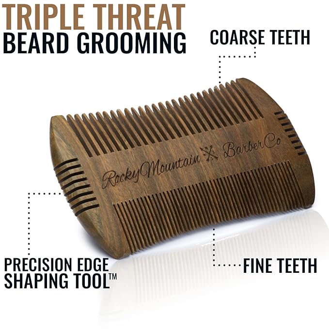 Beard Comb - Sandalwood Natural Hatchet Style for Hair - Anti-Static & No Snag, Handmade Wide & Fine Tooth Contour Brush Best for Beard & Moustache with Carrying Case Pouch