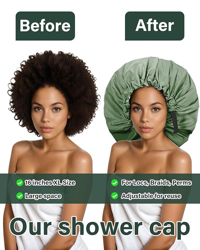 Aquior Shower Cap for Women, Extra Adjustable Shower Caps for Women Double-Layer Waterproof Reusable Hair Cap, Large Size Hair Cap for All Hair,for Girls Spa Bath,Soft and Comfortable (Green)
