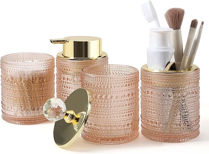 DASITON Bathroom Accessories Set,4Pcs Glass Bathroom Counter Set with Foaming Soap Dispenser,Toothbrush Holder,Bathroom Tumbler,Cotton Swab Jars, for Vanity Bathroom Decor(Pink A)