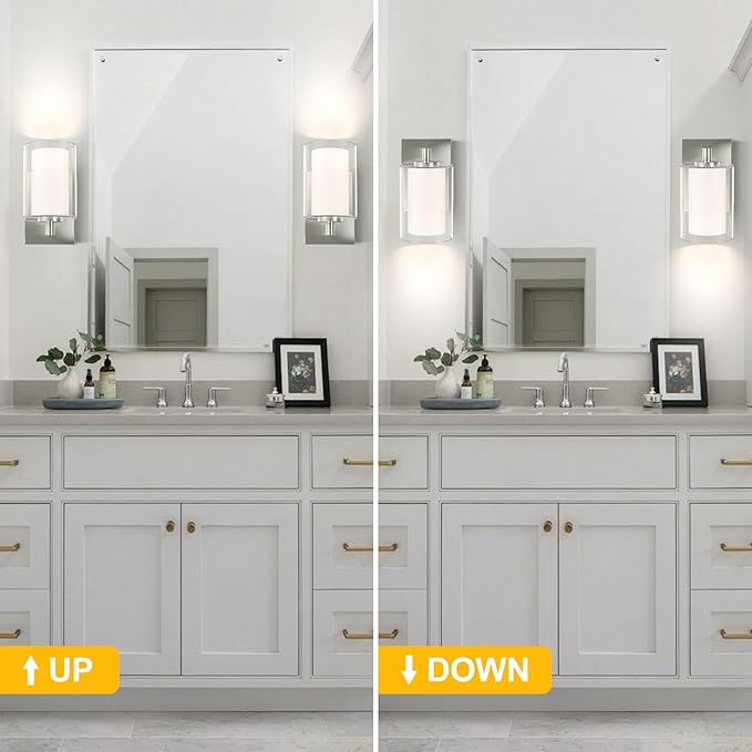 Wall Sconces Set of Two: Bathroom Sconce of 2, Silver Vanity Fixtures with Double Clear Glass Shade, E26 Base Hardwired Farmhouse Wall Lights for Bedroom Living Room Bathroom (Bulb not Included)