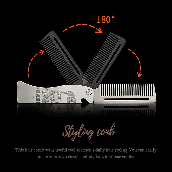 Metal Hair & Beard & Mustache Comb, Multifunctional Folding EDC Pocket Comb With Bottle Opener - Anti-Static for Travel and Everyday Grooming Styling - Silver