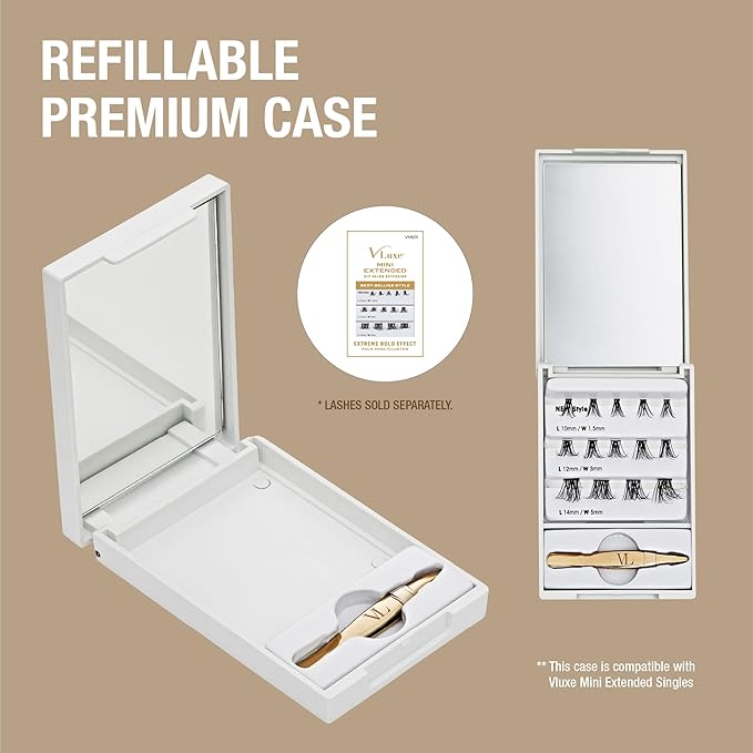 VLuxe Mini Lash Palette with Mirror & Tweezer Applicator, Luxury Lash Cluster Organizer Holder for Eyelash Extension & Fake Lash, Travel Storage Case for Mini Extended Lashes, Compact & Refillable