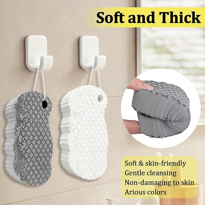 2Pcs Magic Exfoliating Bath Sponge, 3D Ultra Soft Deep Cleansing Body Sponge with Lanyard, Gently and Painlessly Removes Dead Skin & Impurities, Skin Friendly Reusable Sponges (White + Gray)