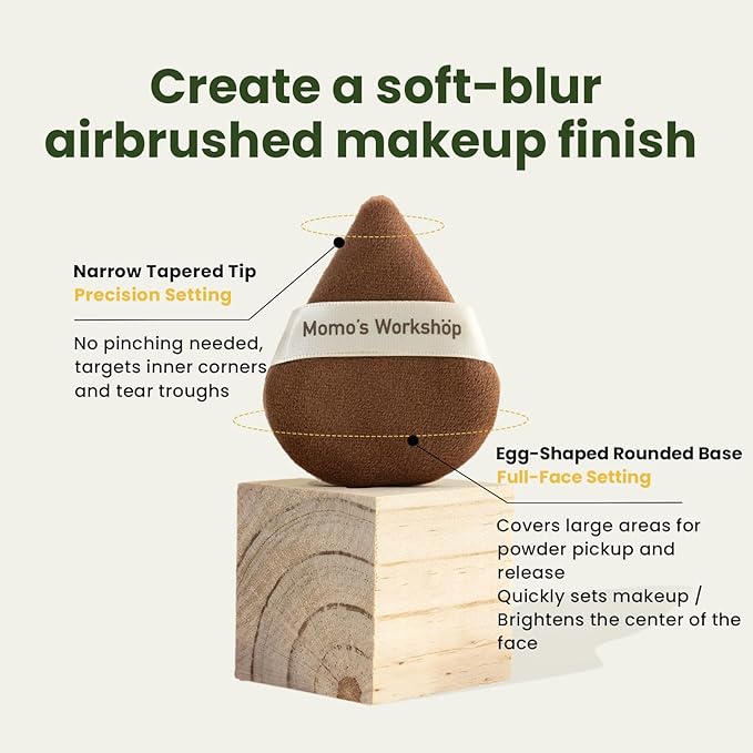 Momo's Workshop Pointed Powder Puff Large Size - Narrow Tip for Precision, Egg-Shaped Base for Even Application, Double-Sided Short Fluff, Works with Powder/Blush/Highlighter,Storage case,3PCS Puffs