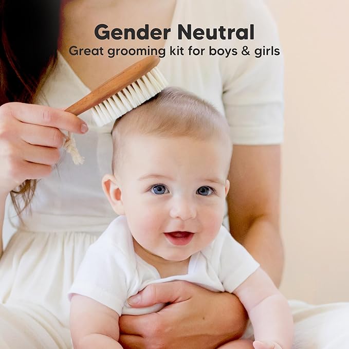 Wooden Baby Hair Brush - Cradle Cap Baby Brush with Soft Goat Bristles, Perfect Gentle Scalp Newborn Comb for Infant, Girls, Boys, Bath Essentials (Golden Oak, Regular)