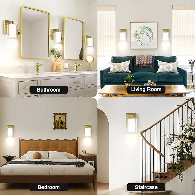 Wall Sconces Set of Two: Bathroom Sconce of 2, Gold Vanity Fixtures with Double Clear Glass Shade, E26 Base Hardwired Farmhouse Wall Lights for Bedroom Living Room Bathroom (Bulb not Included)