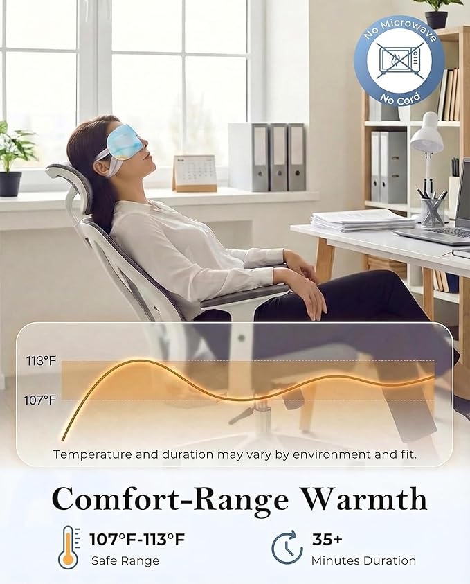 Self Heating Steam Eye Masks: Disposable Moist Warm Compress for Dry Eyes, Eye Strain, Stye & Stress Relief – No Microwave Needed for Relax, Travel, Sleep & Spa, Unscented