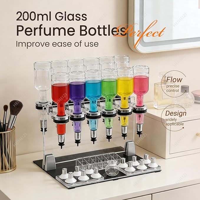 Manual Liquid Filling Machine Transfer Tools Kit 12 Bottles, Adjustable Perfume Dispenser Kit, with 12 Pump Heads & 12 Testing Cups, for Perfume Store Studio Salon Bar